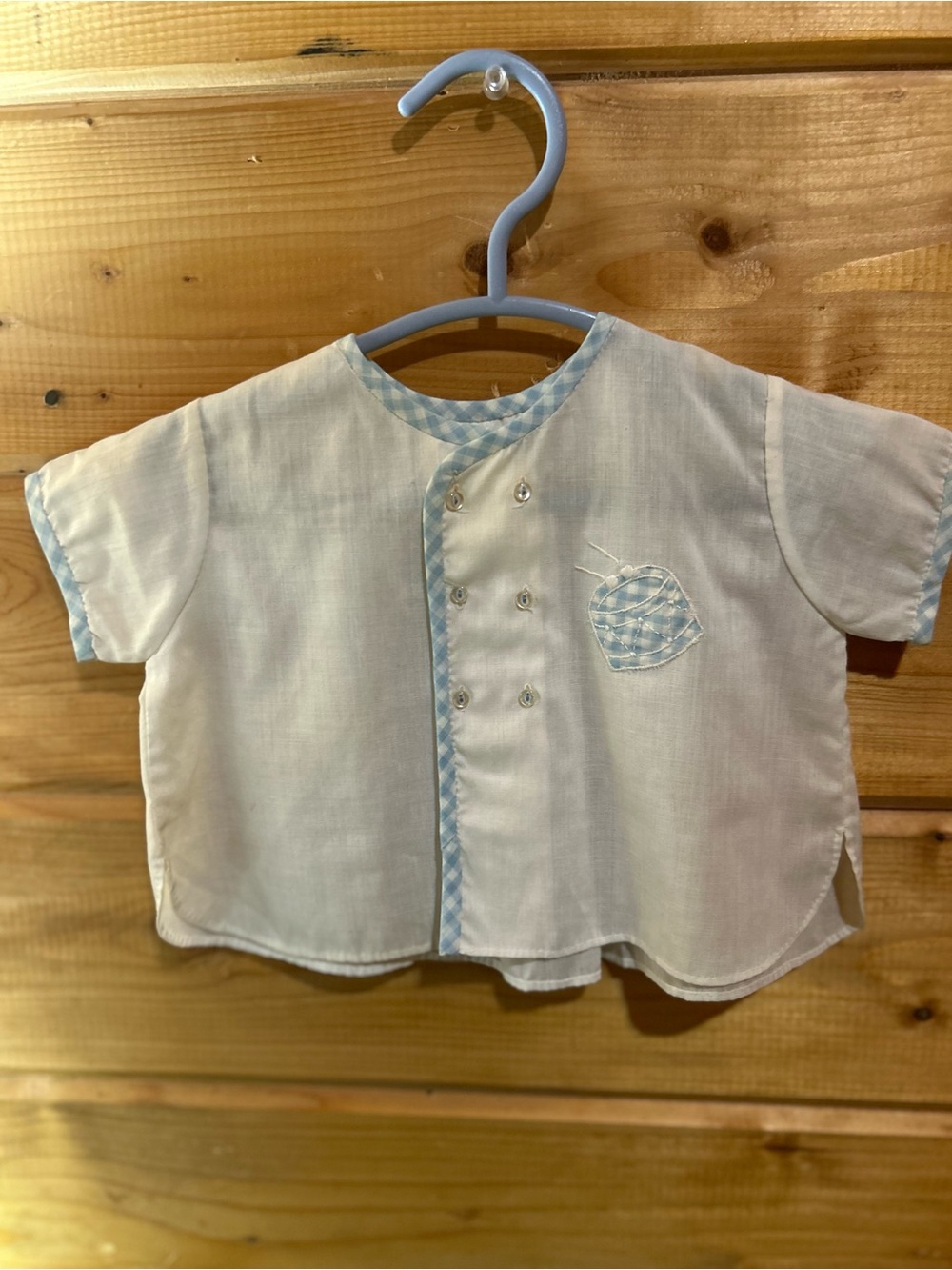 Vintage 1950s/60s Baby Boy White Diaper Shirt Blue Gingham Trim